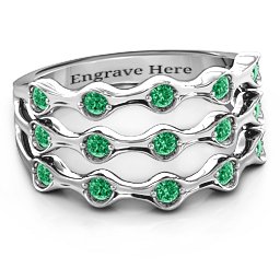 3 Row Fashion Wave Ring in 925 Sterling Silver with Emerald