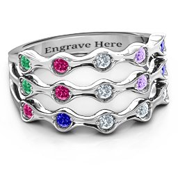 15 Stone Family Wave Ring in 925 Sterling Silver with Emerald, Ruby, Cubic Zirconia, Amethyst, and Blue Sapphire