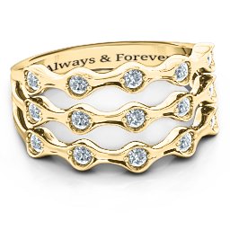 15 Stone Family Wave Ring in 10K Solid Yellow Gold with Cubic Zirconia