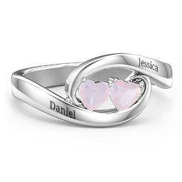 Engravable Double Heart Gemstone Wave Ring