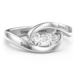 Engravable Double Heart Gemstone Wave Ring