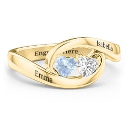 Engravable Double Heart Gemstone Wave Ring