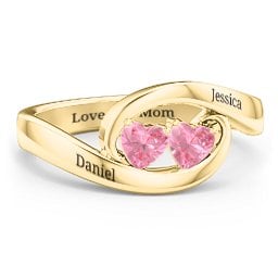 Engravable Double Heart Gemstone Wave Ring