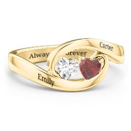 Engravable Double Heart Gemstone Wave Ring