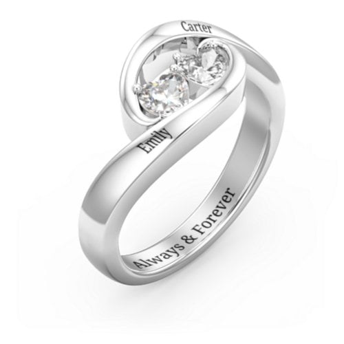 Engravable Double Heart Gemstone Wave Ring