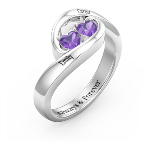 Engravable Double Heart Gemstone Wave Ring