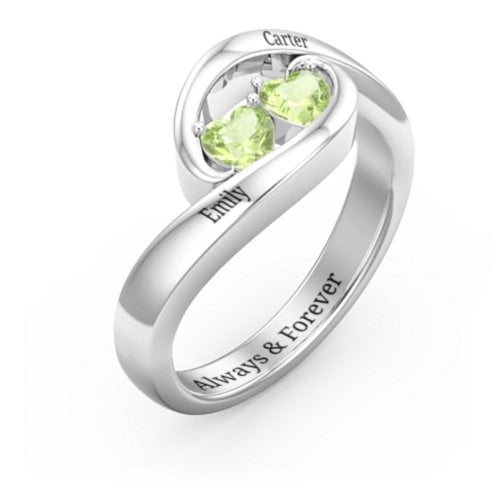 Engravable Double Heart Gemstone Wave Ring