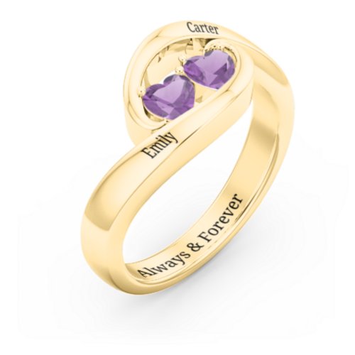 Engravable Double Heart Gemstone Wave Ring – 18K Gold Plated Silver with Amethyst