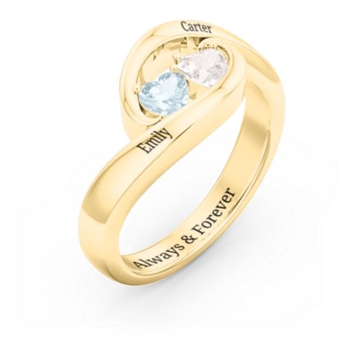 Engravable Double Heart Gemstone Wave Ring