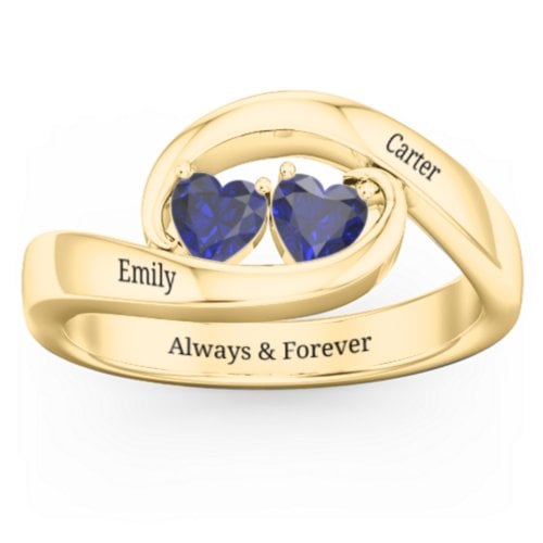 Engravable Double Heart Gemstone Wave Ring