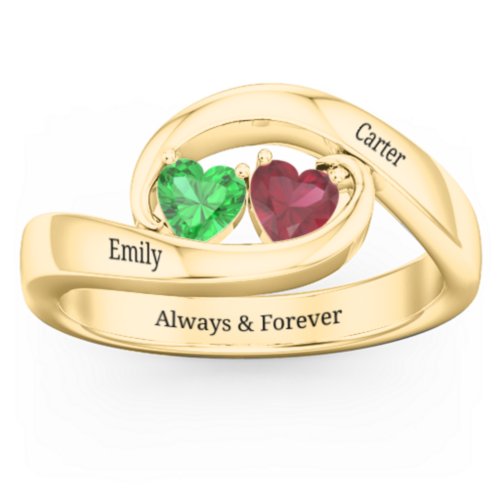 Engravable Double Heart Gemstone Wave Ring – 10K Yellow Gold with Emerald and Ruby