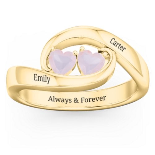 Engravable Double Heart Gemstone Wave Ring
