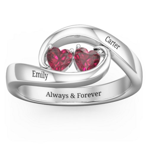 Engravable Double Heart Gemstone Wave Ring