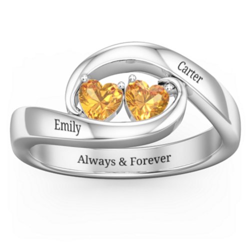 Engravable Double Heart Gemstone Wave Ring
