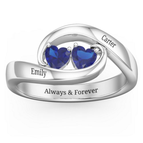 Engravable Double Heart Gemstone Wave Ring