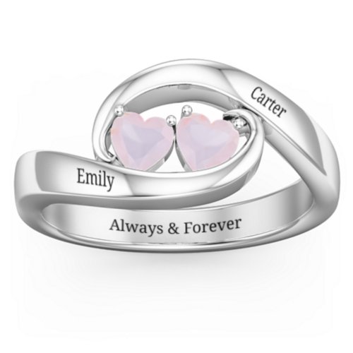 Engravable Double Heart Gemstone Wave Ring