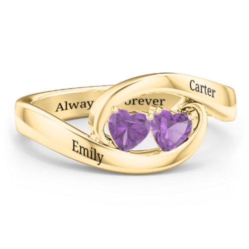 Engravable Double Heart Gemstone Wave Ring – 18K Gold Plated Silver with Amethyst