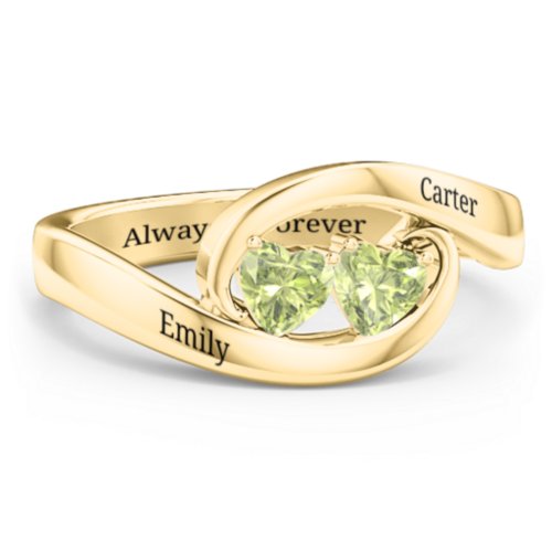 Engravable Double Heart Gemstone Wave Ring