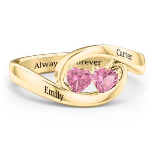 Engravable Double Heart Gemstone Wave Ring – 18K Gold Plated Silver with Pink Tourmaline