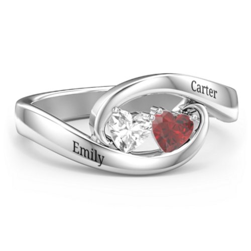 Engravable Double Heart Gemstone Wave Ring