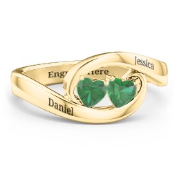 Engravable Double Heart Gemstone Wave Ring in 18K Gold Plated Silver with Emerald