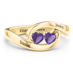 Engravable Double Heart Gemstone Wave Ring in 18K Gold Plated Silver with Amethyst