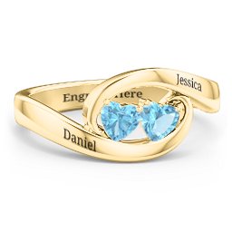 Engravable Double Heart Gemstone Wave Ring in 18K Gold Plated Silver with Blue Topaz