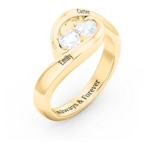 Engravable Double Heart Gemstone Wave Ring – 18K Gold Plated Silver with Aquamarine