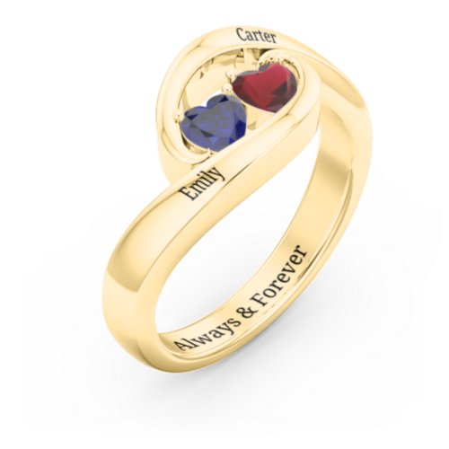 Engravable Double Heart Gemstone Wave Ring – 18K Gold Plated Silver with Blue Sapphire and Garnet