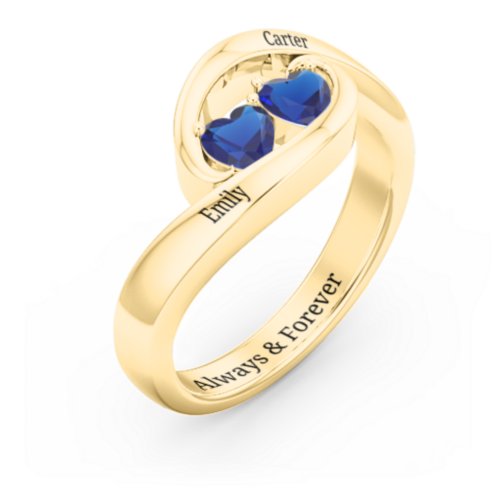 Engravable Double Heart Gemstone Wave Ring – 18K Gold Plated Silver with Blue Sapphire