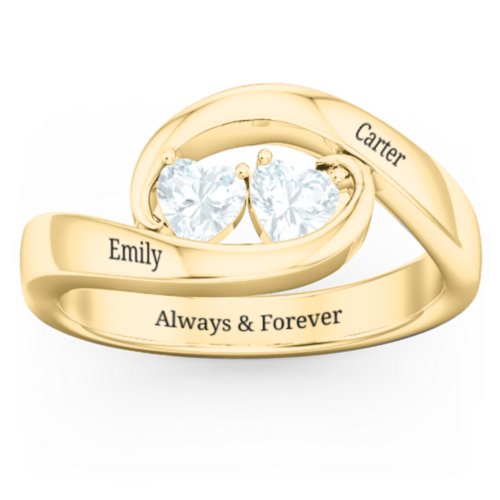 Engravable Double Heart Gemstone Wave Ring – 18K Gold Plated Silver with Aquamarine