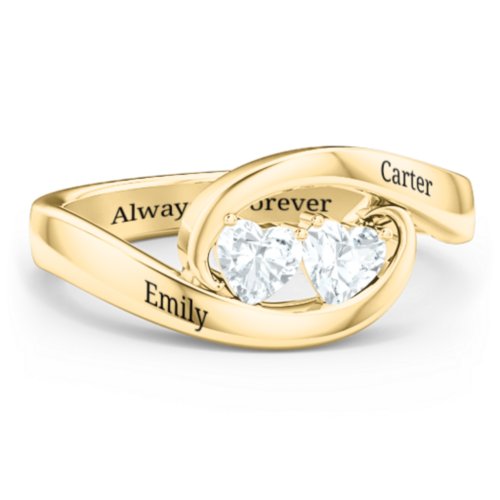 Engravable Double Heart Gemstone Wave Ring – 18K Gold Plated Silver with Aquamarine