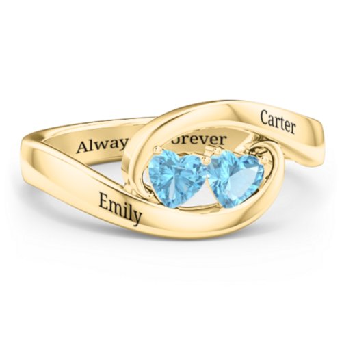 Engravable Double Heart Gemstone Wave Ring – 18K Gold Plated Silver with Blue Topaz