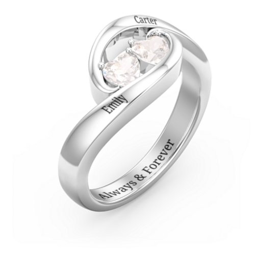 Engravable Double Heart Gemstone Wave Ring – Sterling Silver with Cubic Zirconia