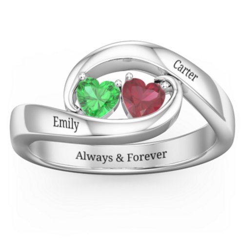 Engravable Double Heart Gemstone Wave Ring – Sterling Silver with Emerald and Ruby
