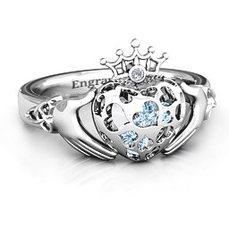 Caged Hearts Claddagh Ring in 925 Sterling Silver with Aquamarine and Ruby