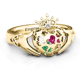 Caged Hearts Claddagh Ring in 10K Solid Yellow Gold with Emerald and Ruby