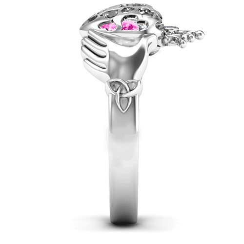 Caged Hearts Claddagh Ring – Sterling Silver with Pink Tourmaline and Cubic Zirconia