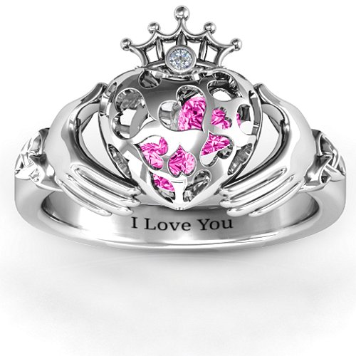 Caged Hearts Claddagh Ring – Sterling Silver with Pink Tourmaline and Cubic Zirconia