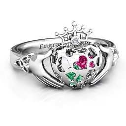 Caged Hearts Claddagh Ring in 925 Sterling Silver with Emerald and Ruby