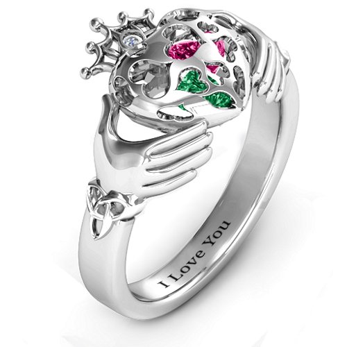Caged Hearts Claddagh Ring – Sterling Silver with Emerald, Ruby, and Cubic Zirconia
