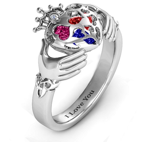 Caged Hearts Claddagh Ring – Sterling Silver with Blue Sapphire, Garnet, Ruby, and Cubic Zirconia