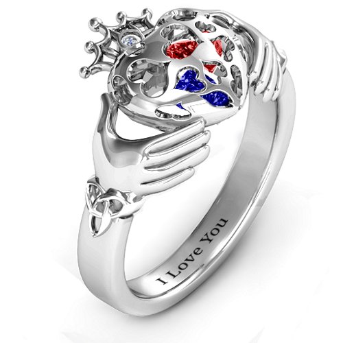 Caged Hearts Claddagh Ring – Sterling Silver with Blue Sapphire, Garnet, and Cubic Zirconia