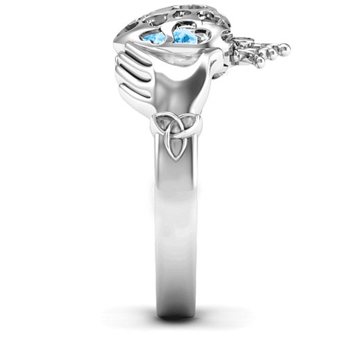 Caged Hearts Claddagh Ring – Sterling Silver with Blue Topaz and Cubic Zirconia