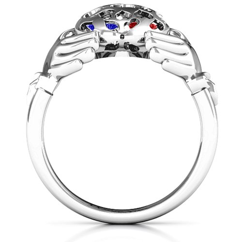 Caged Hearts Claddagh Ring – Sterling Silver with Blue Sapphire, Garnet, and Cubic Zirconia