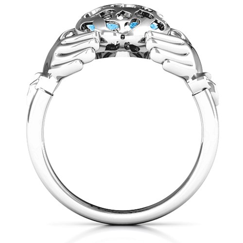 Caged Hearts Claddagh Ring – Sterling Silver with Blue Topaz and Cubic Zirconia