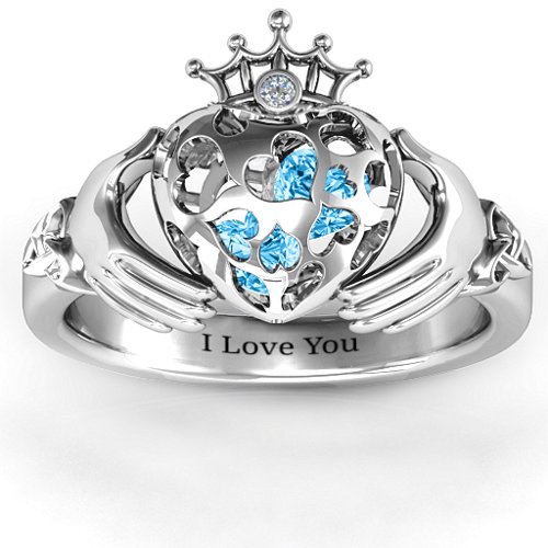 Caged Hearts Claddagh Ring – Sterling Silver with Blue Topaz and Cubic Zirconia
