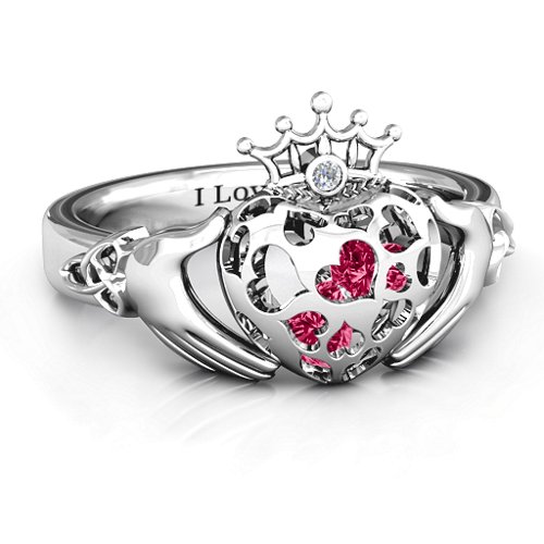 Caged Hearts Claddagh Ring – Sterling Silver with Ruby and Cubic Zirconia