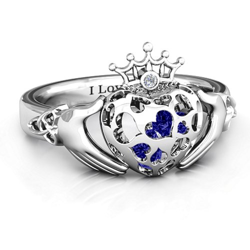 Caged Hearts Claddagh Ring – Sterling Silver with Blue Sapphire and Cubic Zirconia