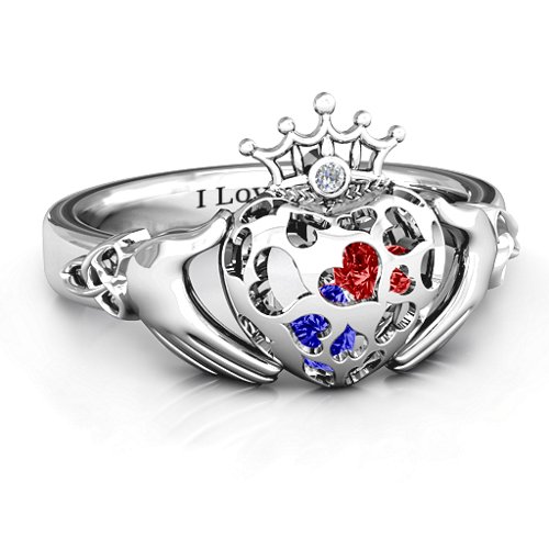 Caged Hearts Claddagh Ring – Sterling Silver with Blue Sapphire, Garnet, and Cubic Zirconia